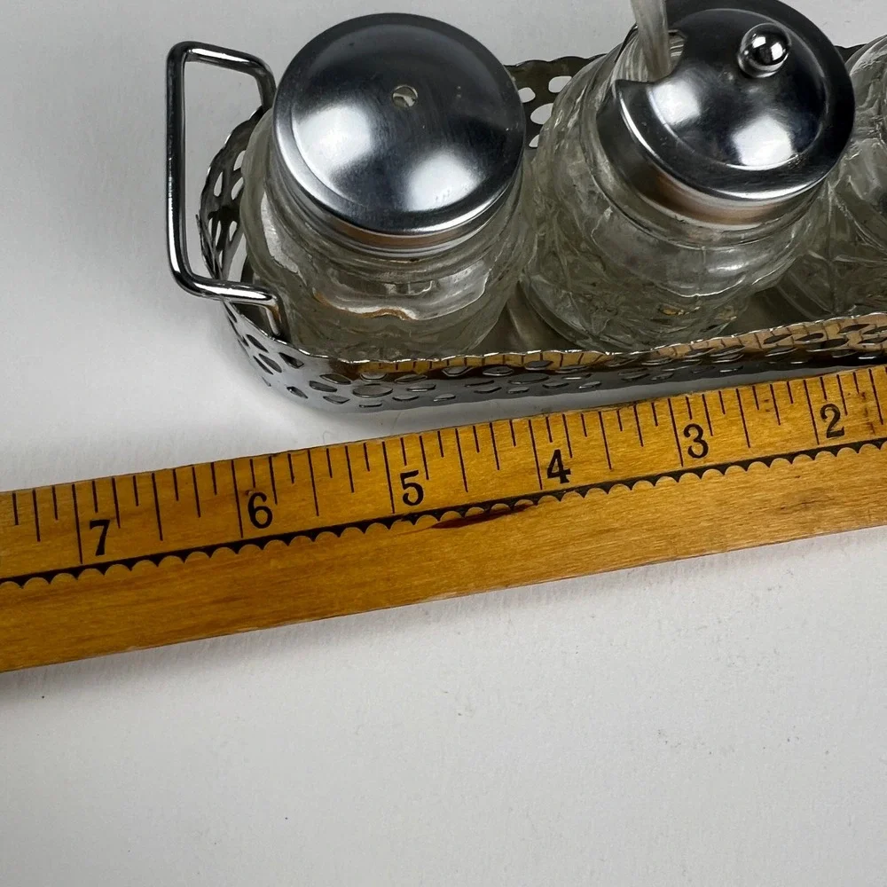 Vintage Condiment Set Glass Jars Metal Caddy Silver Clear Mid Century Tableware